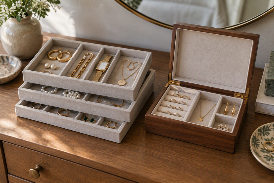 A stack of shallow jewelry trays and an open jewelry box sit side by side, each holding sorted jewelry.