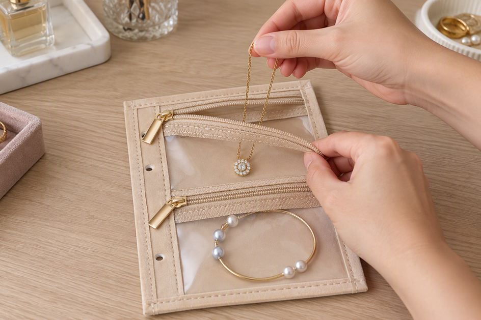 A necklace is placed in a beige velvet jewelry pouch with a clear front.