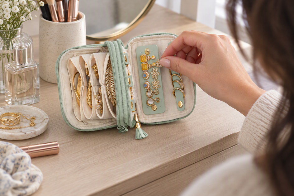 A pale-mint two-layer travel jewelry case sits open on a home dresser as someone selects an earring.
