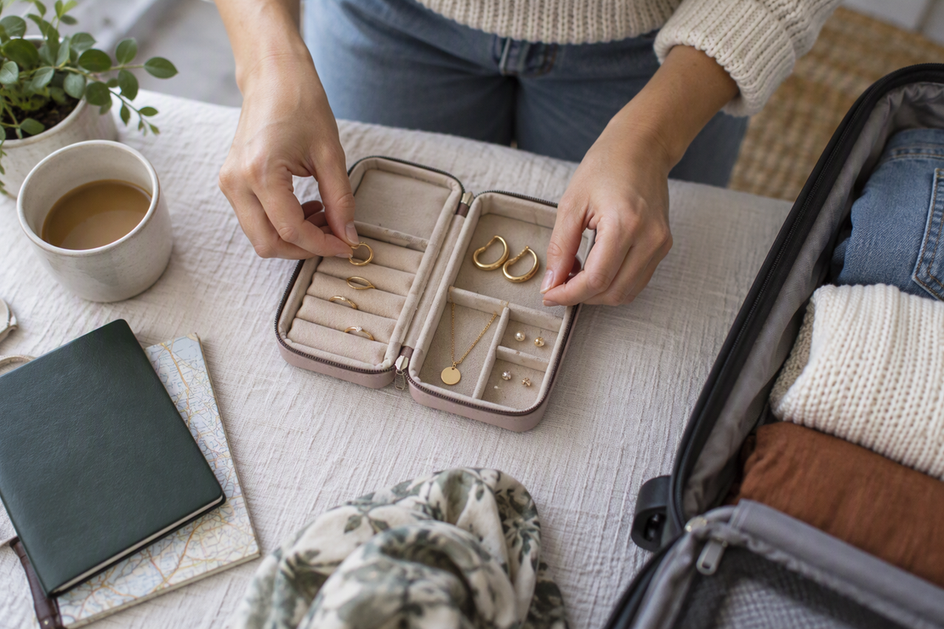 Traveler places a small selection of jewelry into separate spaces in a portable organizer before a trip.