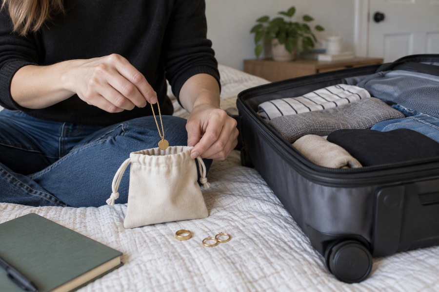 A traveler packs a small selection of jewelry beside an open carry-on and folded business clothes.
