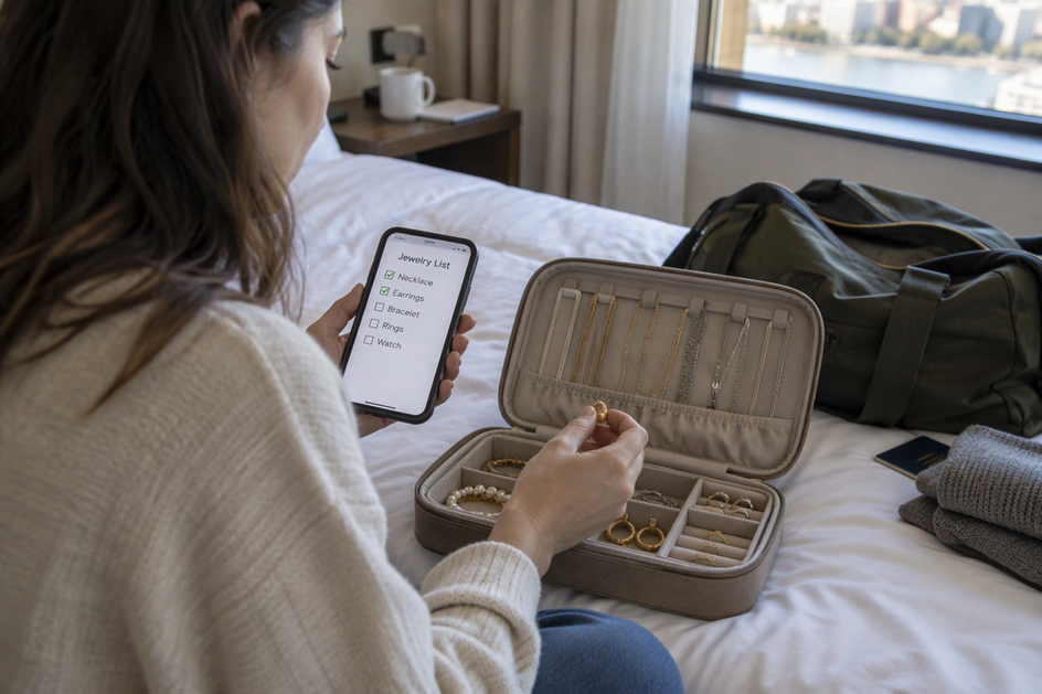 Traveler checks a jewelry list against pieces in a travel organizer before leaving a hotel.