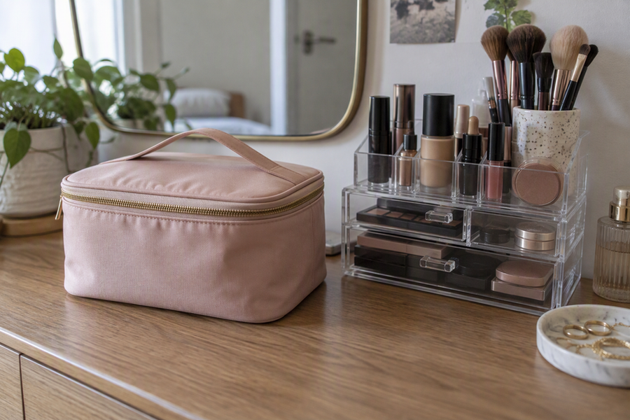 A travel makeup bag beside a countertop makeup organizer on a vanity