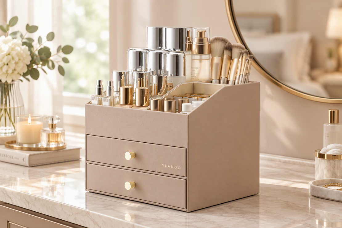 VLANDO makeup organizer with two drawers and divided upper compartments arranged with cosmetics and brushes on a vanity surface