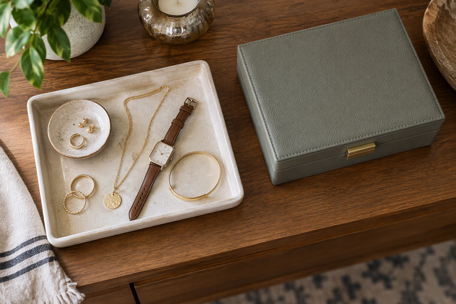 A shallow tray with a few jewelry pieces sits beside a closed jewelry box on a dresser, showing visible and hidden storage together.