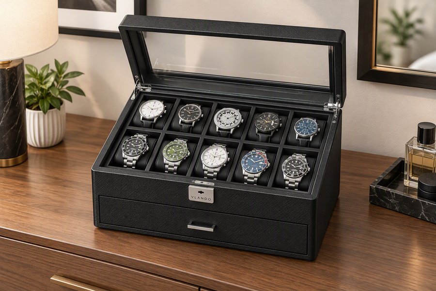 VLANDO watch display box arranged with an everyday collection on a dresser