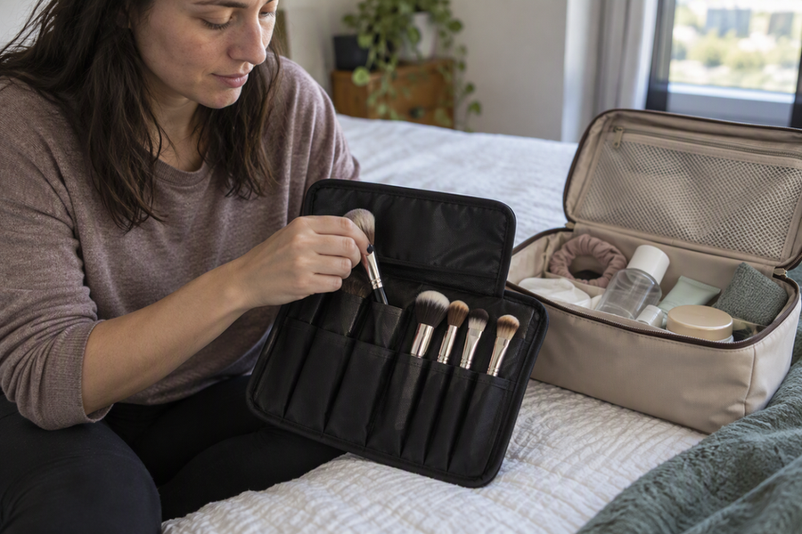 A traveler packs clean makeup brushes into separate sleeves in a brush case beside an open toiletry bag.