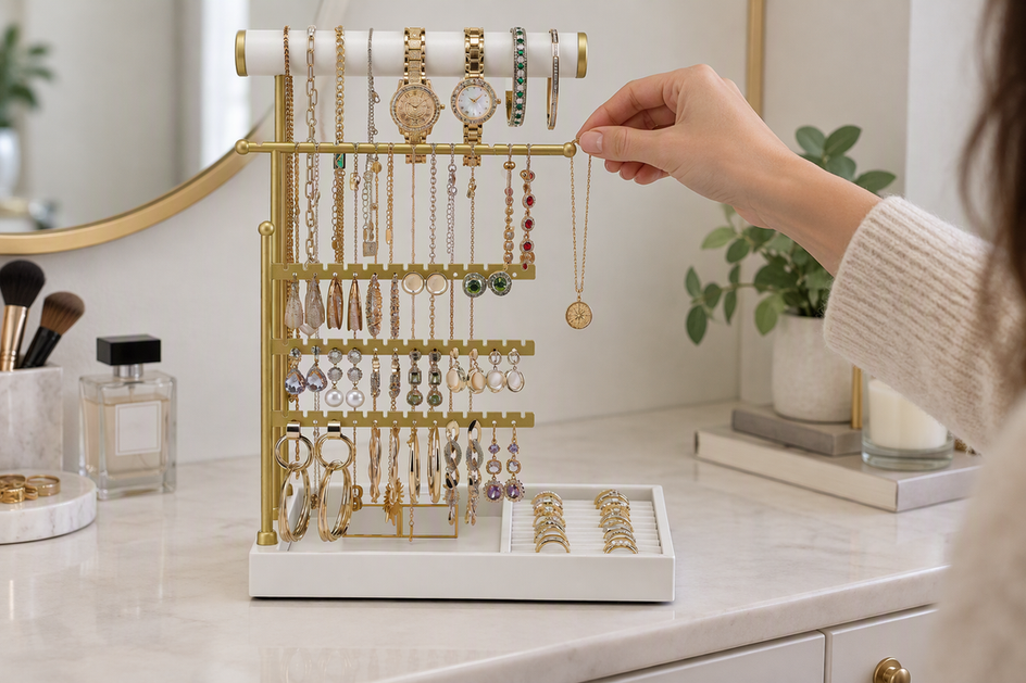 A gold-and-white jewelry stand with necklaces displayed on its hanging rails beside a tray.