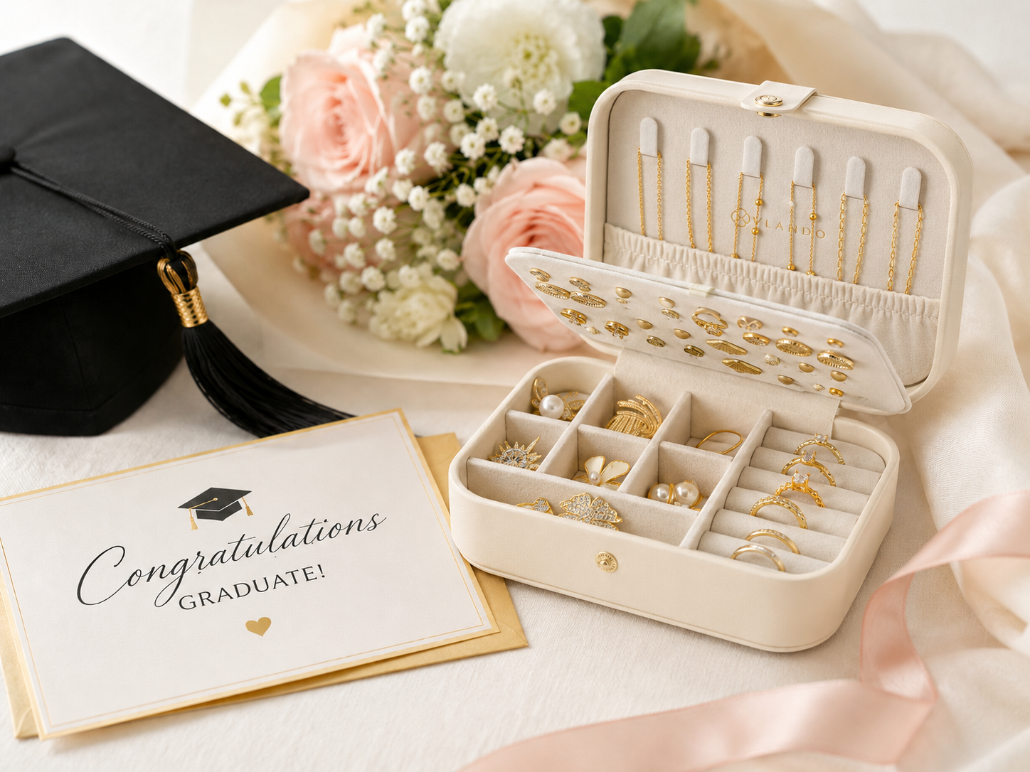 Open VLANDO jewelry box filled with gold jewelry beside a graduation cap, pink and white flowers, ribbon, and a congratulations card for a graduate.