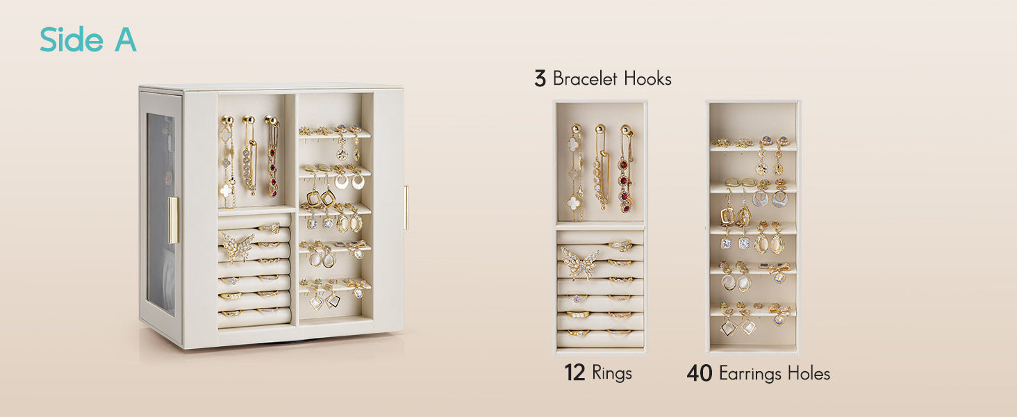 VLANDO leather jewelry box Side A layout showing bracelet hooks, ring storage, and earring holes with gold jewelry organized inside the cabinet.