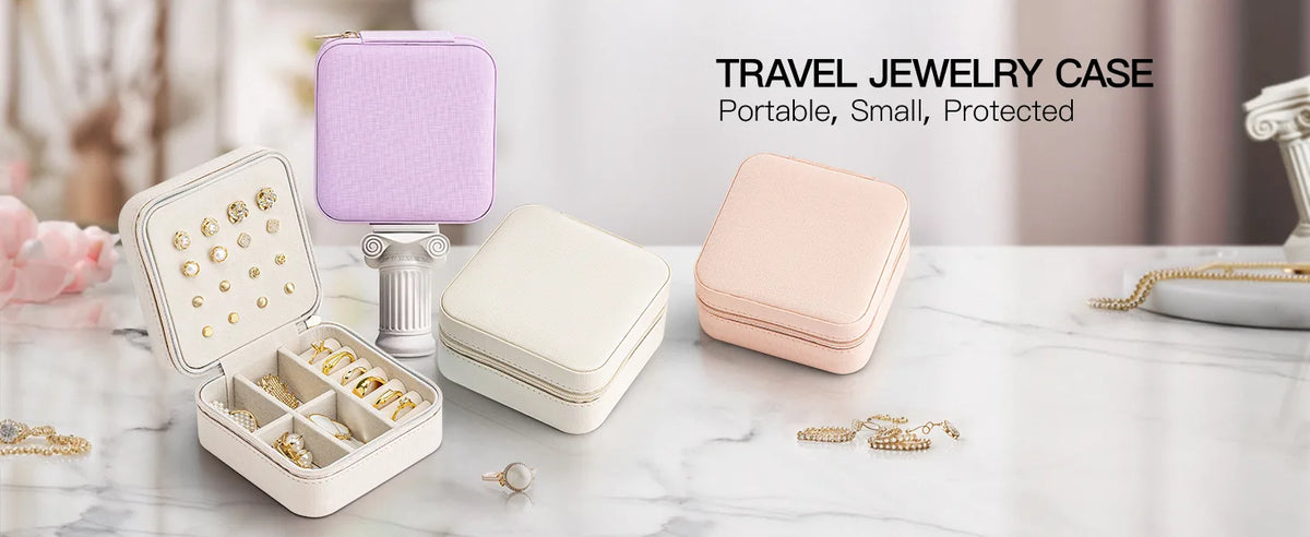 VLANDO travel jewelry case in white, purple, and pink with organized jewelry storage compartments
