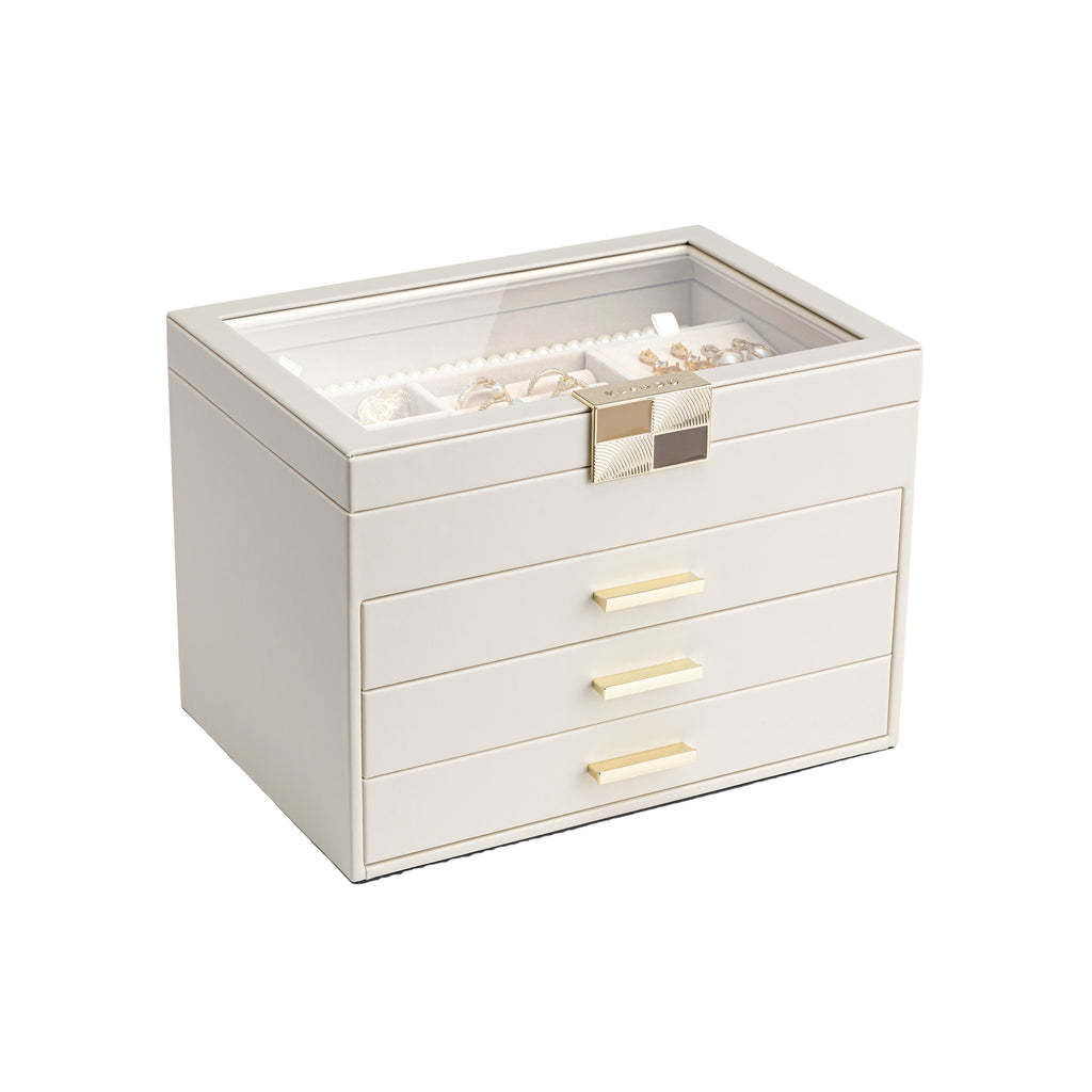 Cream white four-layer jewelry box with glass lid, three drawers and refined gold-tone hardware