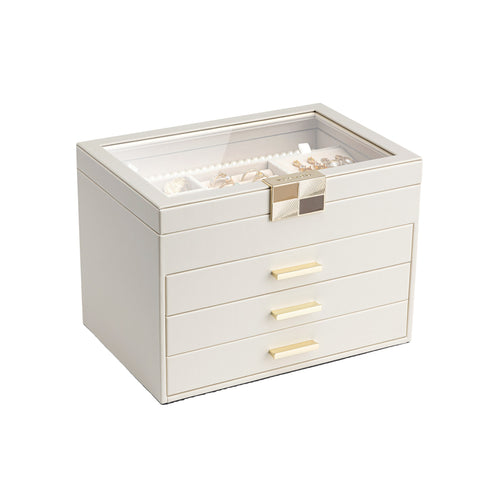 Cream white four-layer jewelry box with glass lid, three drawers and refined gold-tone hardware