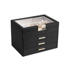 Black four-layer jewelry box with glass display lid, gold clasp and three organized drawers