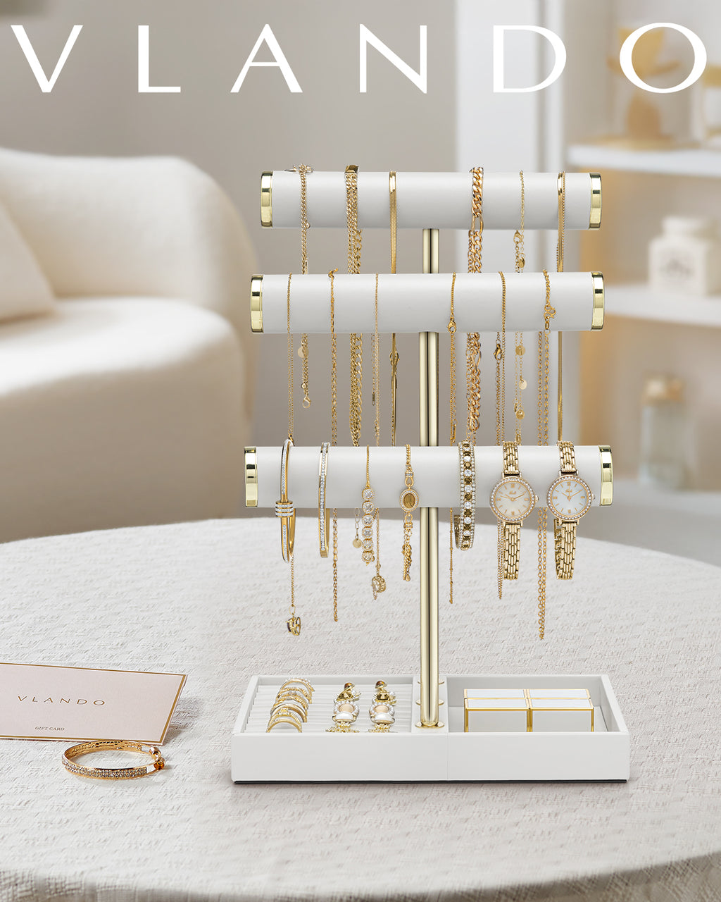 VLANDO Everyday Keepsake 3-Tier Jewelry Holder Organizer with Tray | Leather Jewelry Display & Storage Stand
