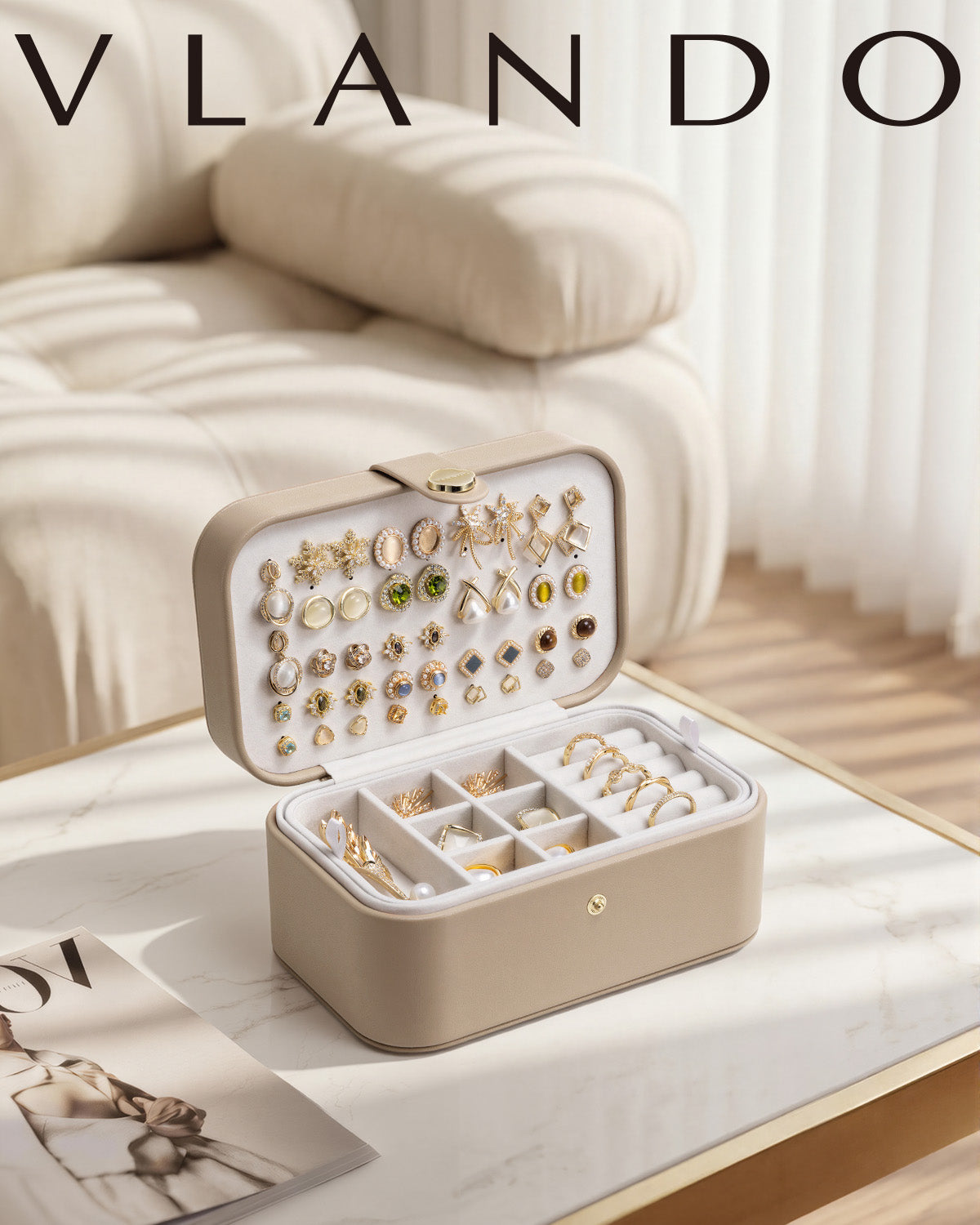 VLANDO Music Box, Travel Jewelry Case, 2‑Layer Jewelry & Earring Box Organizer