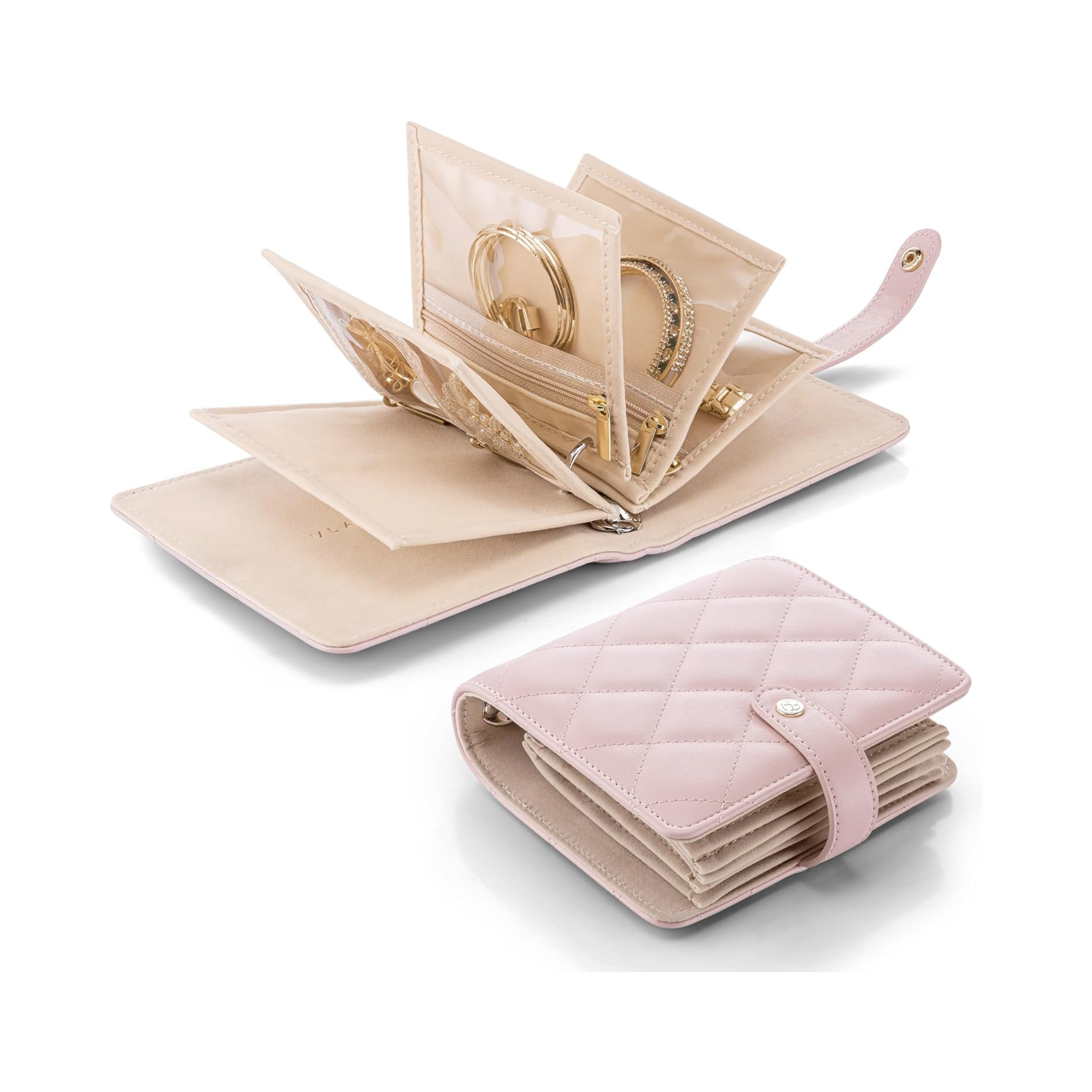 VLANDO Quilted Travel Jewelry Organizer with Clear Zipper Pouches