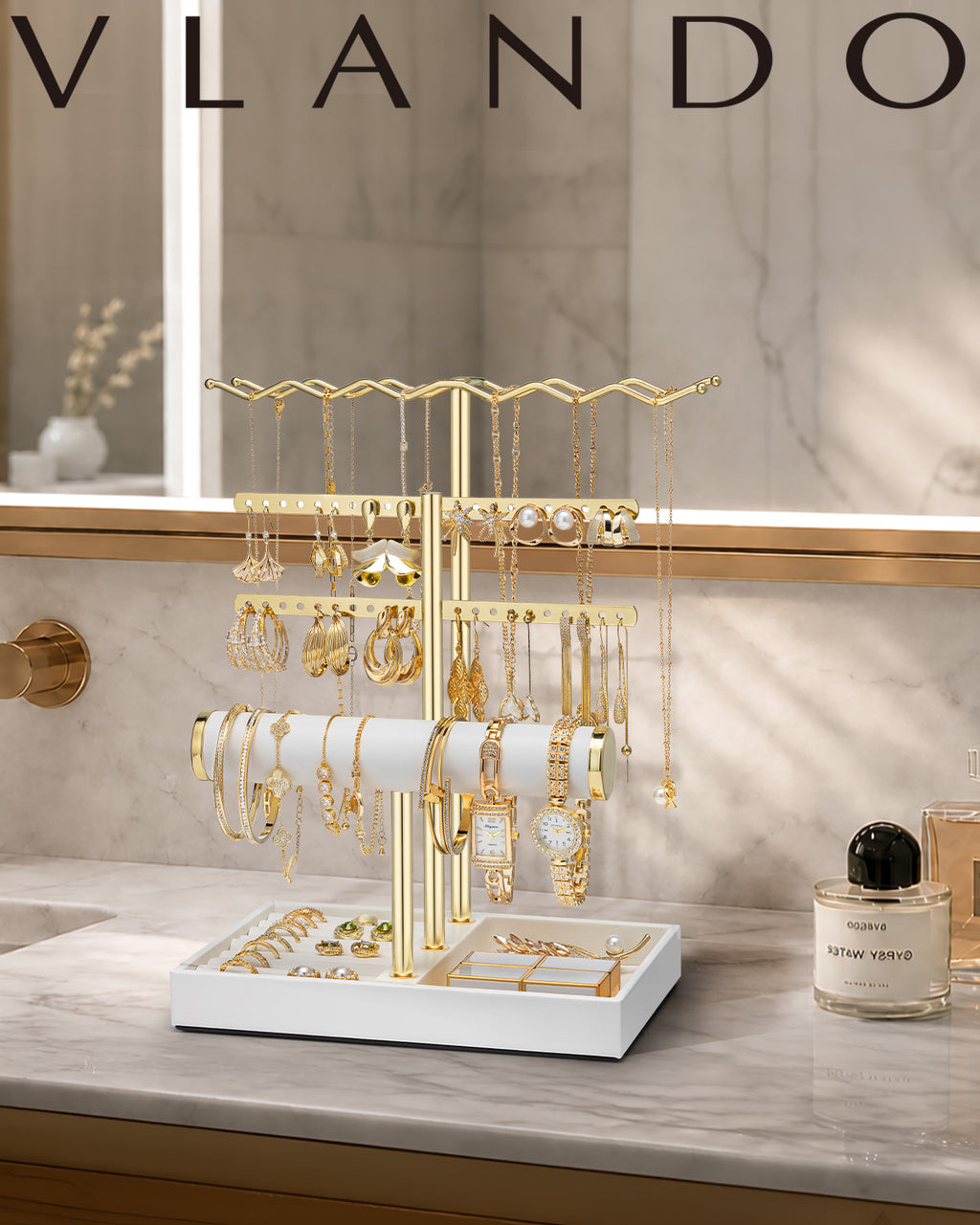 VLANDO 3-Tier Wave Jewelry Organizer Stand with Necklace Hooks, Earring Rack & Bracelet Bar