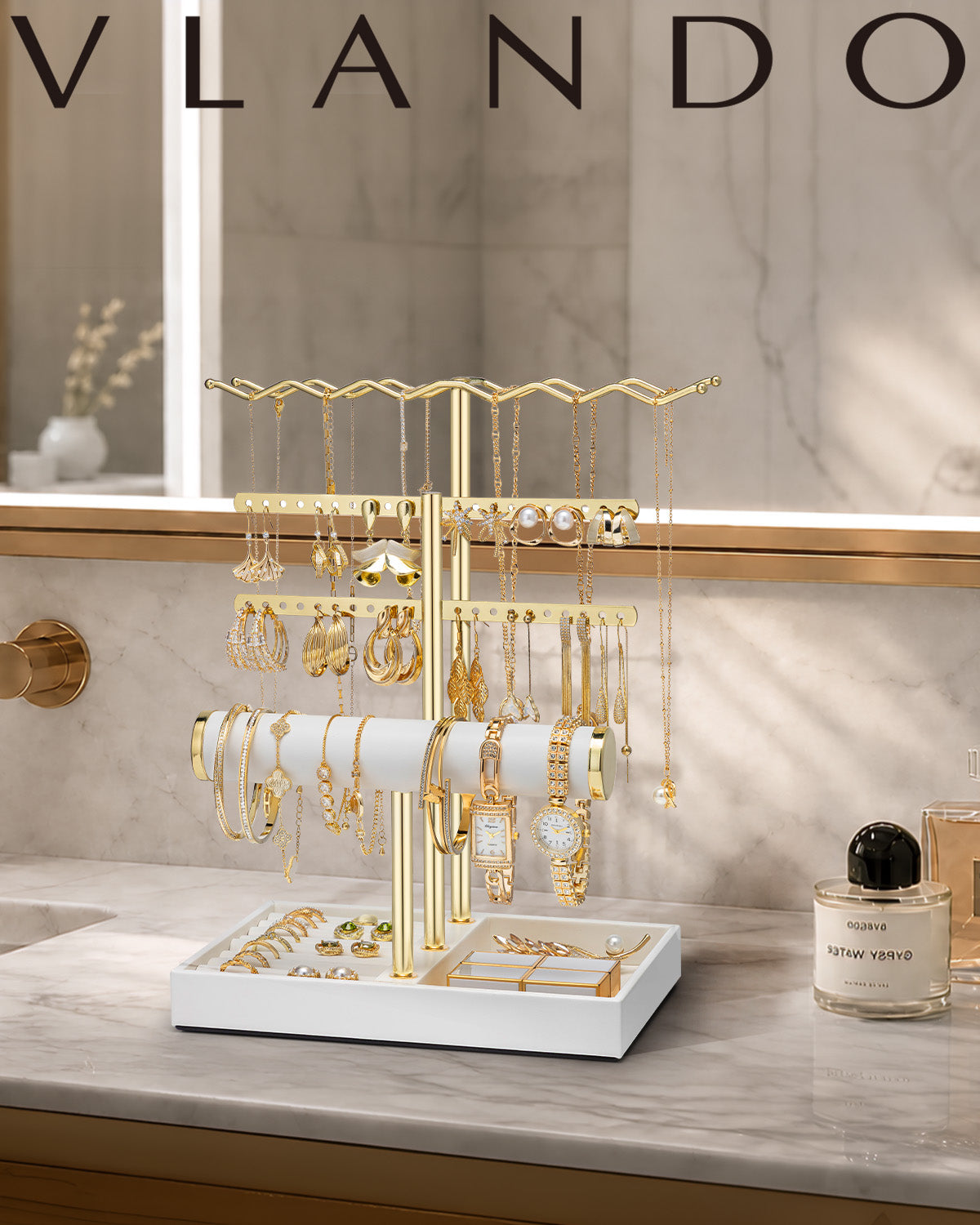 VLANDO 3-Tier Wave Jewelry Organizer Stand with Necklace Hooks, Earring Rack & Bracelet Bar