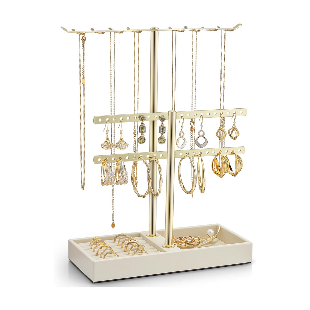 Cloud white two-tier leather jewelry stand with gold hooks and velvet-lined tray for rings and earrings