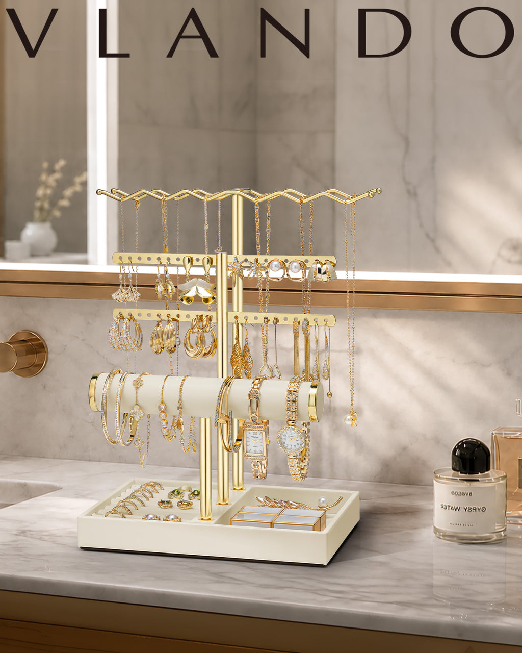 VLANDO 3-Tier Wave Jewelry Organizer Stand with Necklace Hooks, Earring Rack & Bracelet Bar