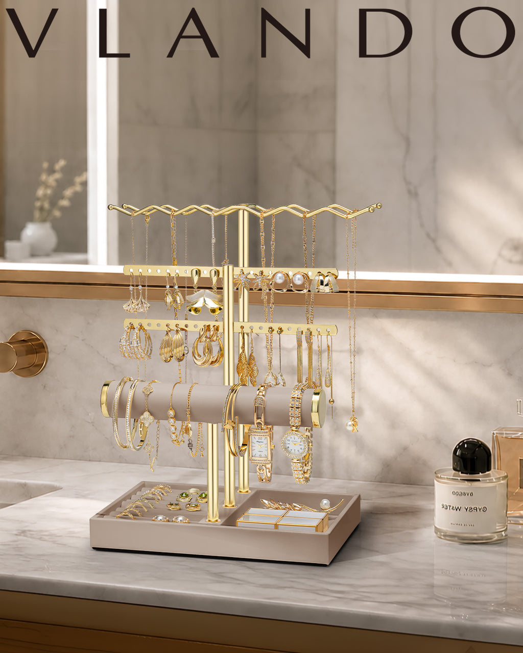 VLANDO 3-Tier Wave Jewelry Organizer Stand with Necklace Hooks, Earring Rack & Bracelet Bar
