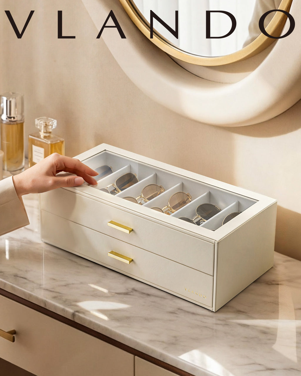 2-Layer Sunglasses Organizer Box with Glass Lid & Drawers