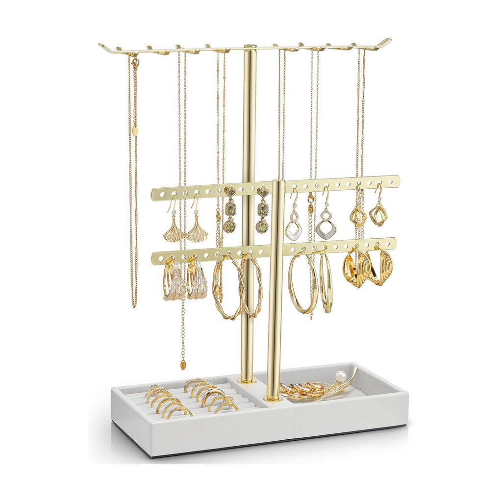 Cloud white two-tier leather jewelry stand with rotating gold bars for necklaces, bracelets, earrings and rings