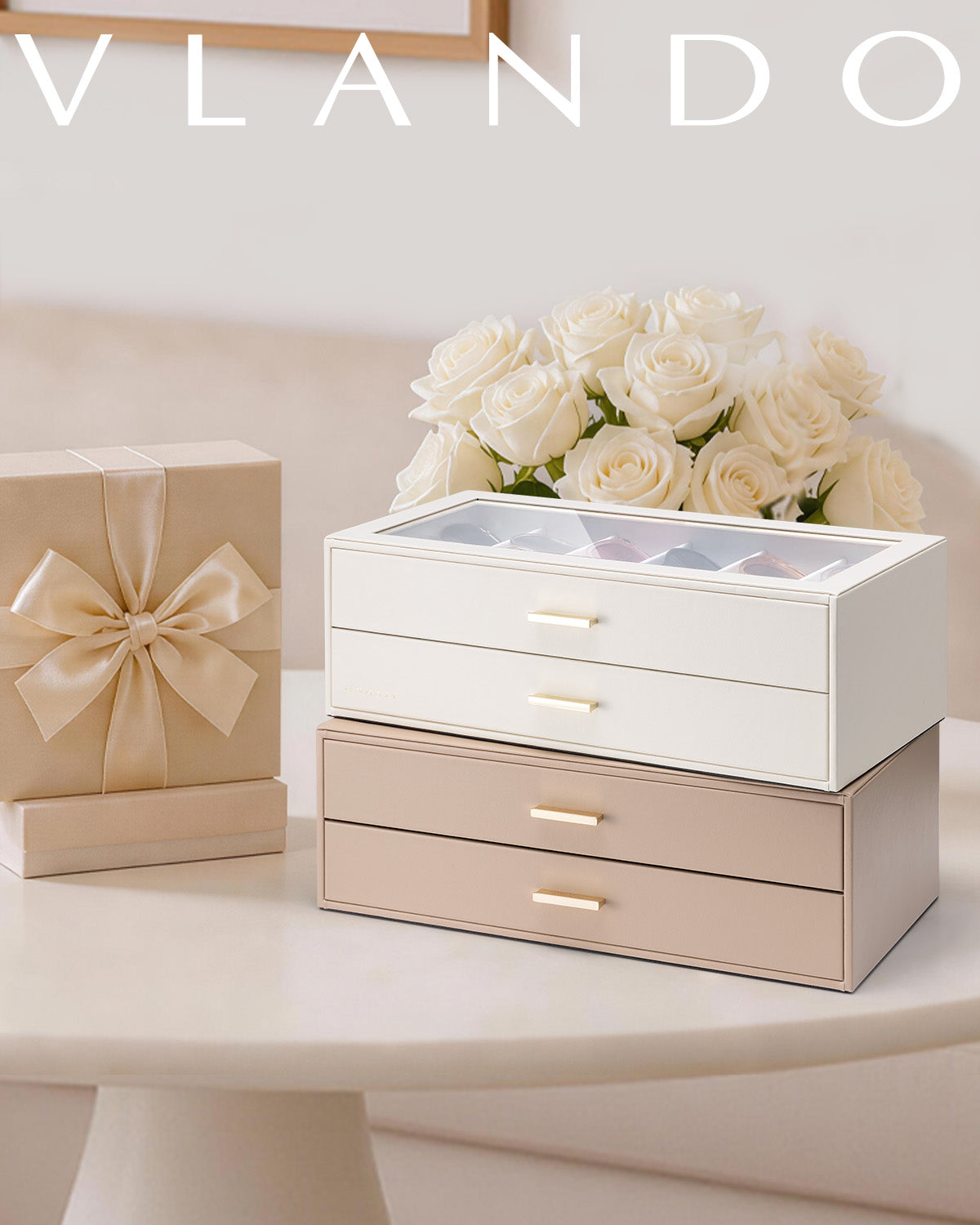2-Layer Sunglasses Organizer Box with Glass Lid & Drawers