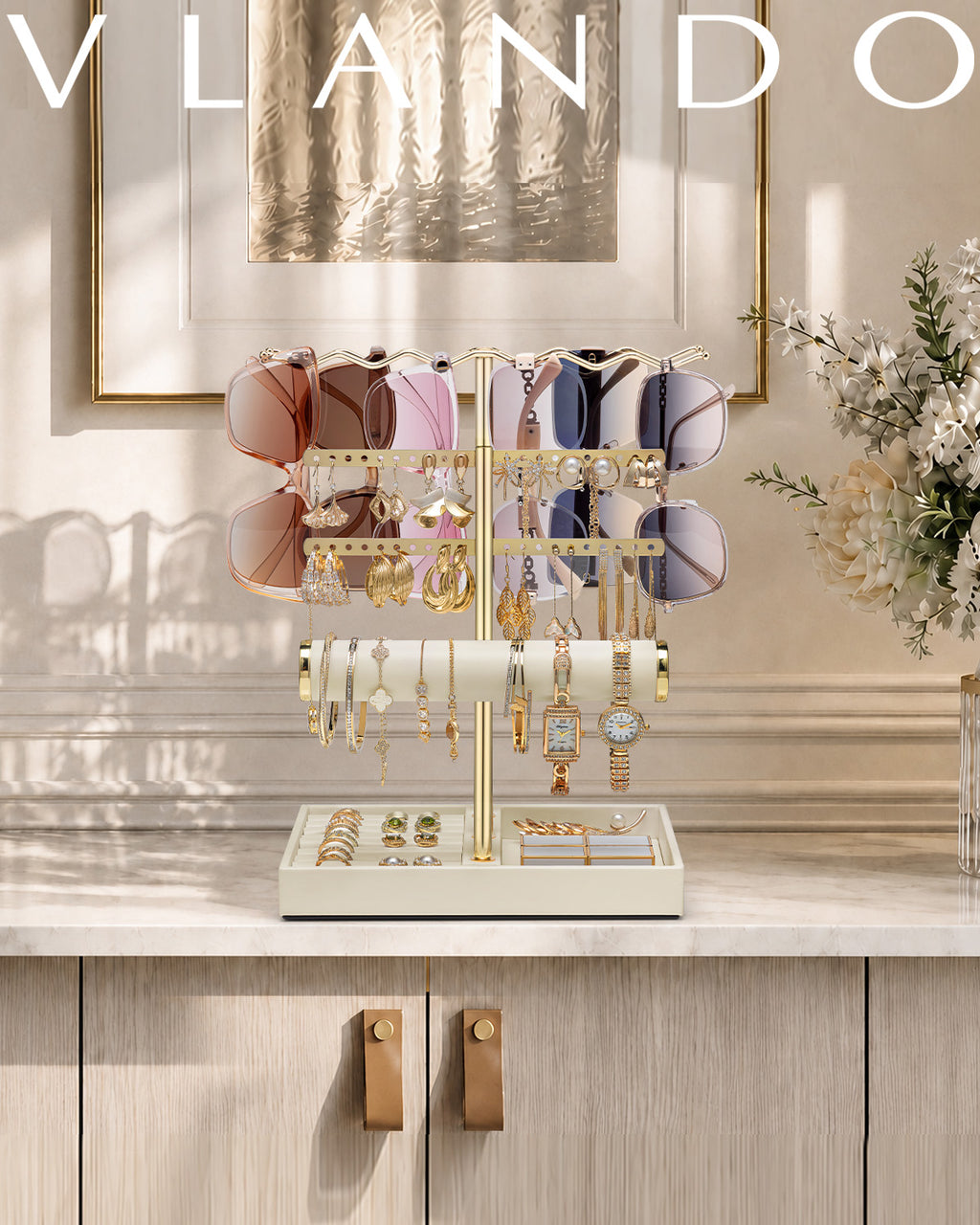 VLANDO 3-Tier Wave Jewelry Organizer Stand with Necklace Hooks, Earring Rack & Bracelet Bar