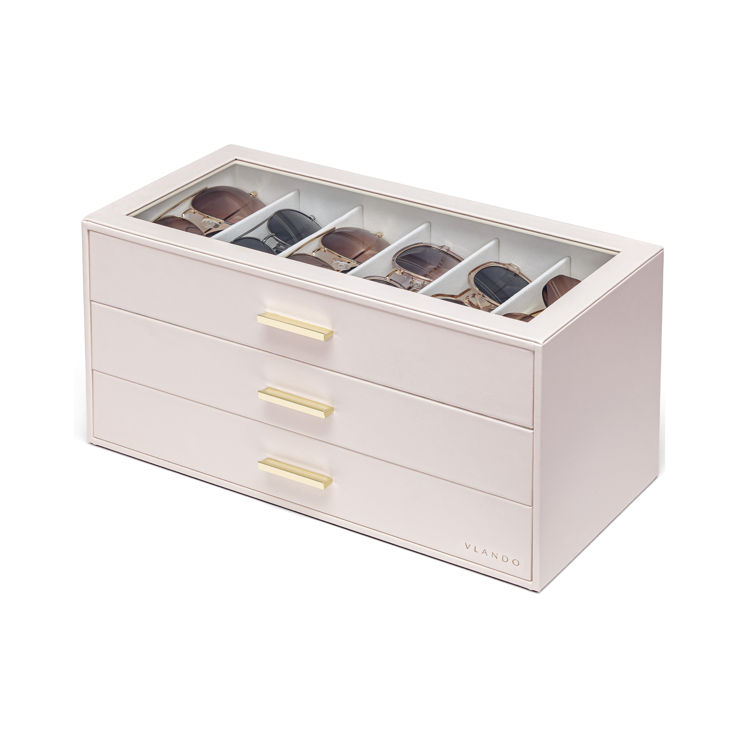 VLANDO Glasses Case 3‑Layer, 18‑Slot Sunglasses Organizer Case with Clear Lid & 3 Drawers