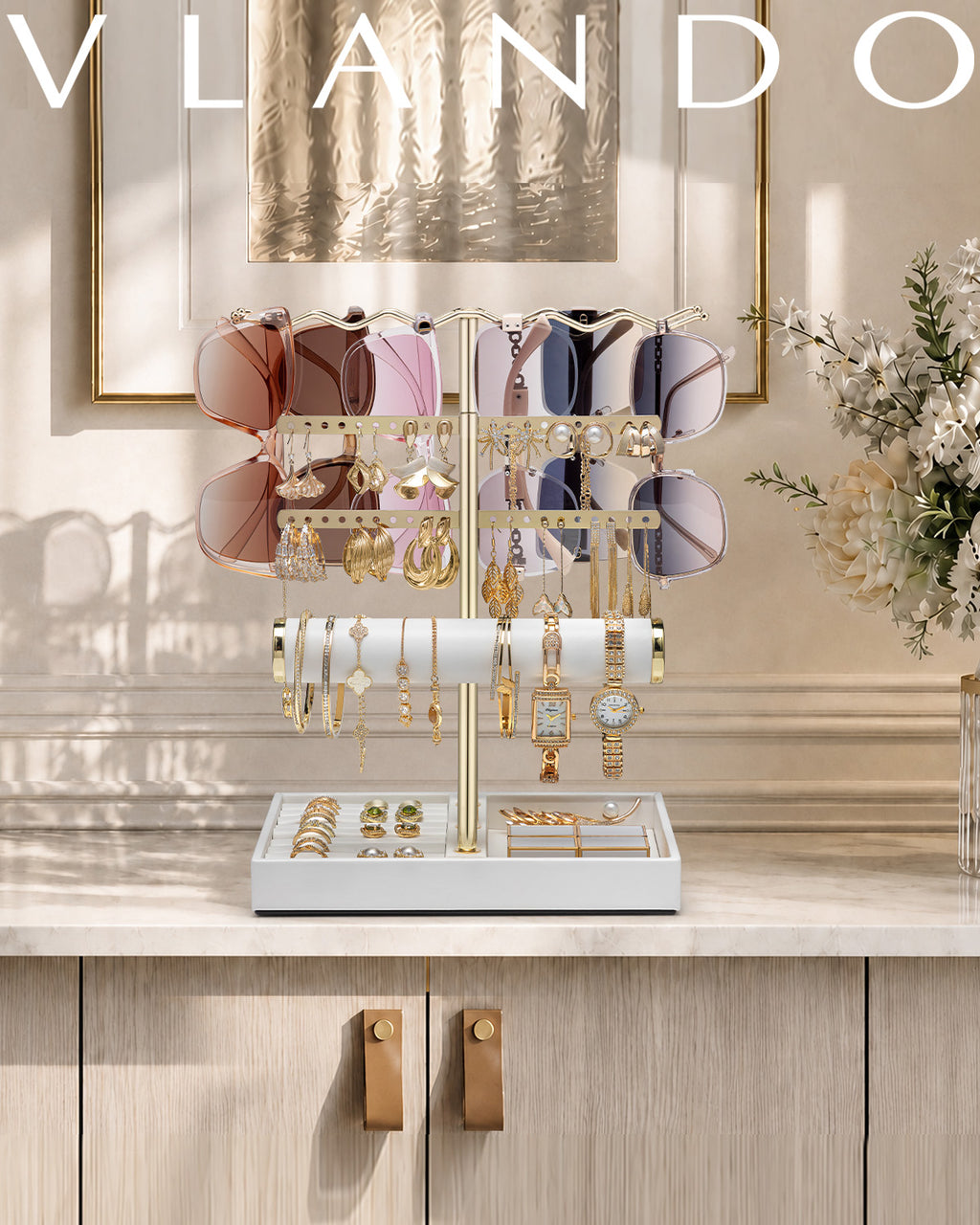 VLANDO 3-Tier Wave Jewelry Organizer Stand with Necklace Hooks, Earring Rack & Bracelet Bar