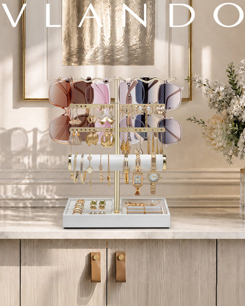 VLANDO 3-Tier Wave Jewelry Organizer Stand with Necklace Hooks, Earring Rack & Bracelet Bar