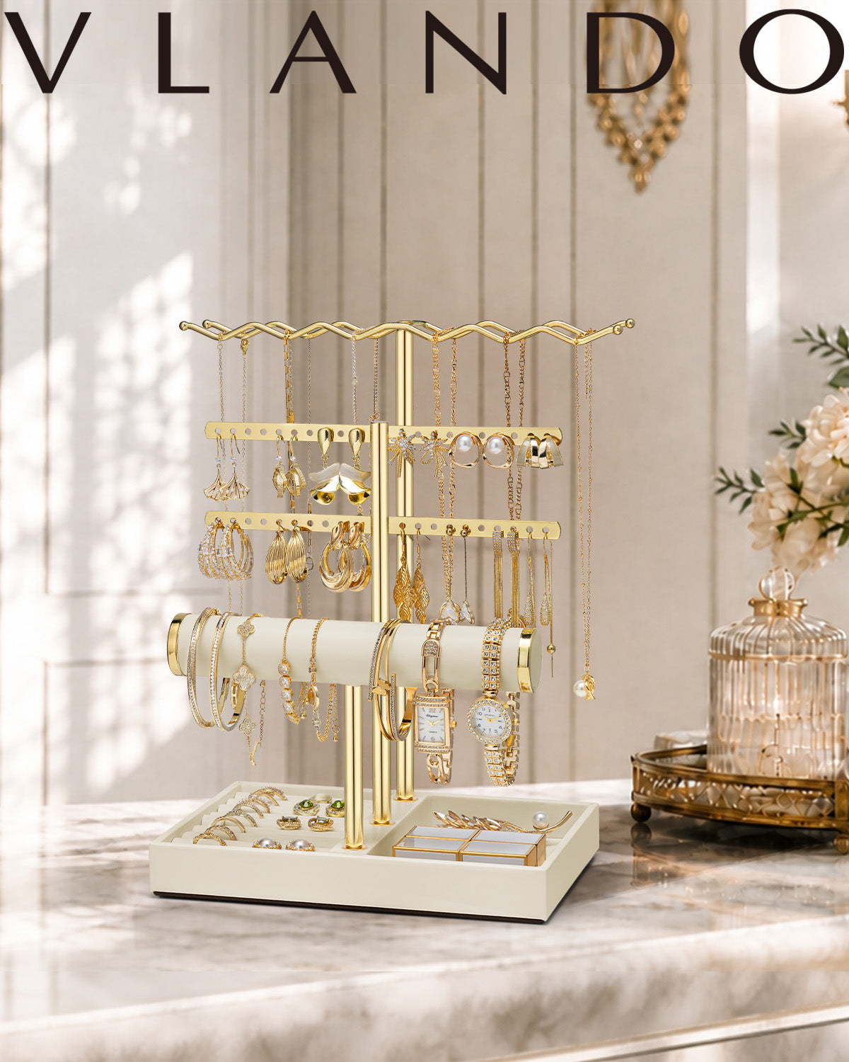 VLANDO 3-Tier Wave Jewelry Organizer Stand with Necklace Hooks, Earring Rack & Bracelet Bar