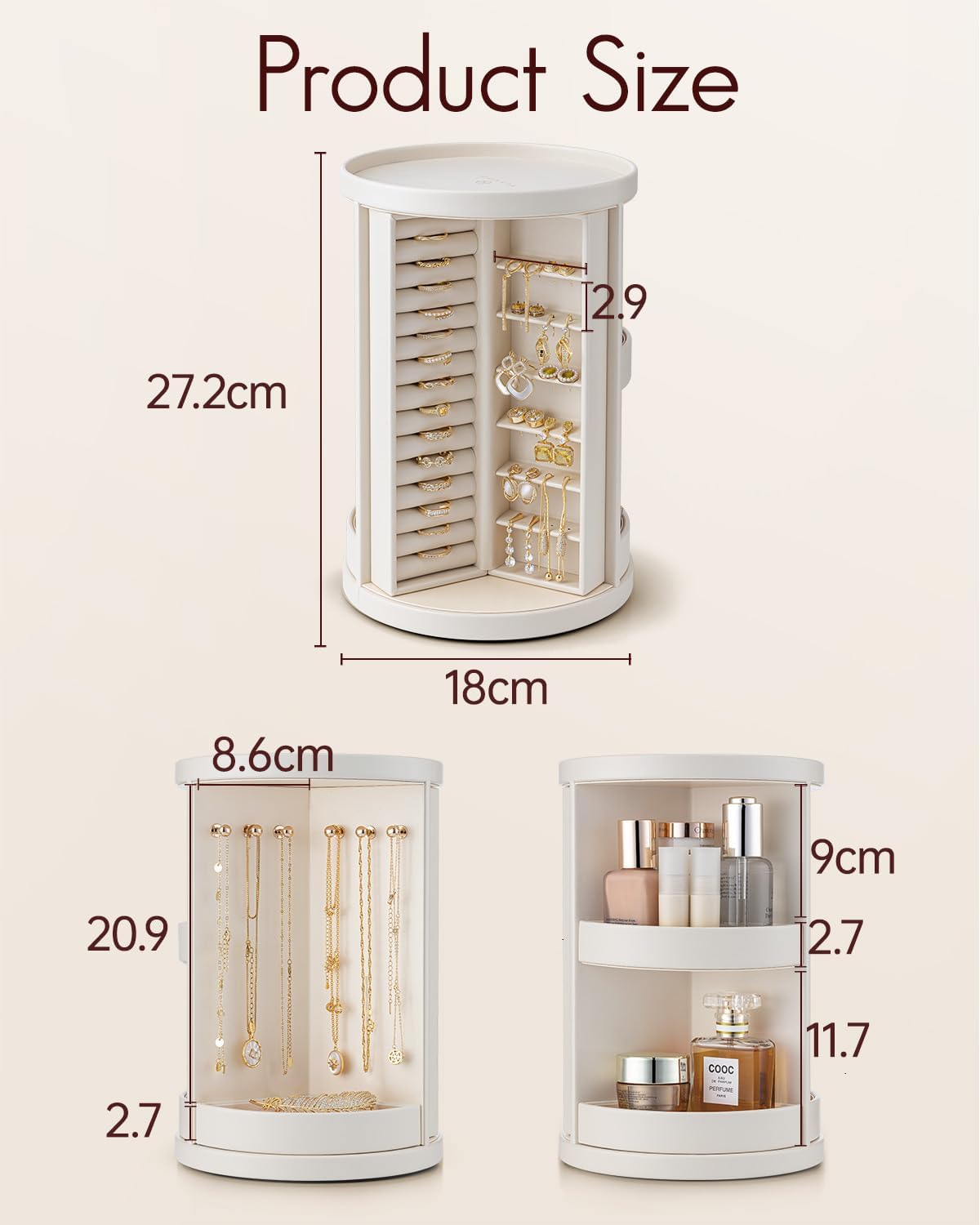 VLANDO Quiet Luxe 360° drehbare Schmuckschatulle mit 5 Schubladen, großer Schmuckorganizer mit 2 Glasfenstern 