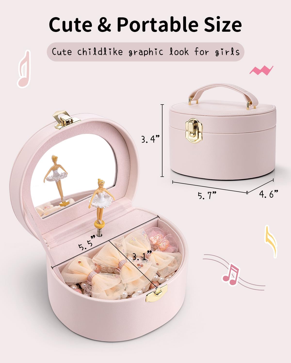 VLANDO Semicircular Musical Box Musical Jewelry Box for Girls – Spinning Ballerina, Lockable Jewelry Case & Mirror