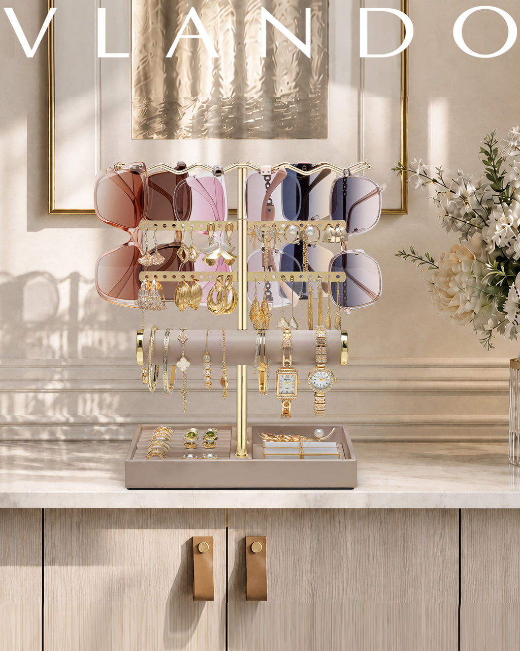 VLANDO 3-Tier Wave Jewelry Organizer Stand with Necklace Hooks, Earring Rack & Bracelet Bar