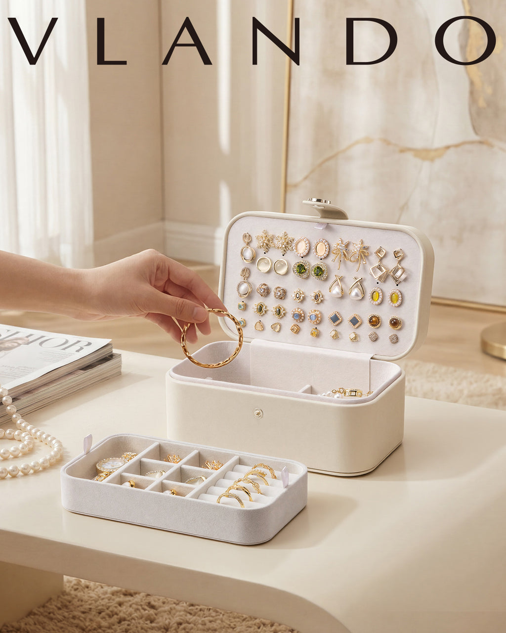 VLANDO Music Box, Travel Jewelry Case, 2‑Layer Jewelry & Earring Box Organizer