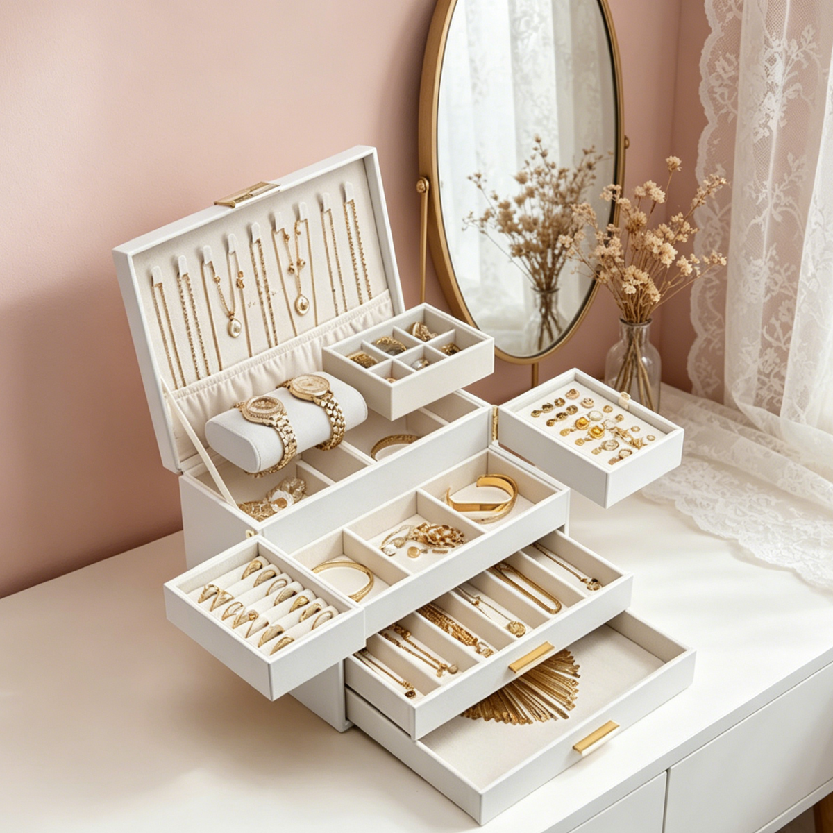 4-Layer Jewelry Box | Retractable Tray Storage | VLANDO
