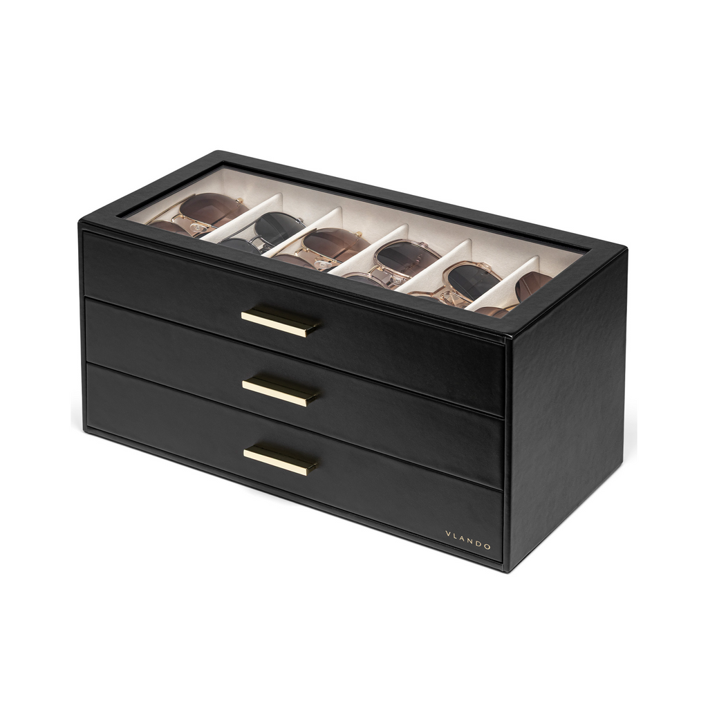 VLANDO Glasses Case 3‑Layer, 18‑Slot Sunglasses Organizer Case with Clear Lid & 3 Drawers