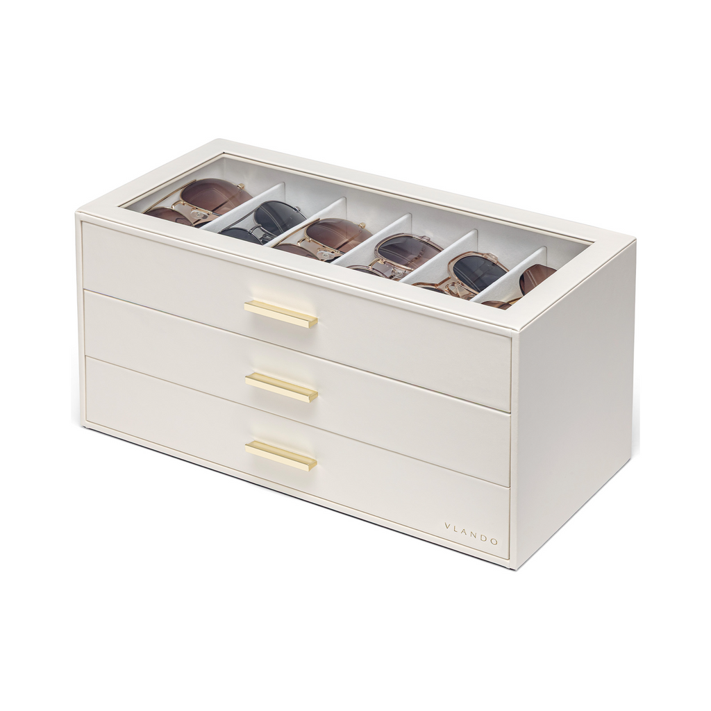 VLANDO Glasses Case 3‑Layer, 18‑Slot Sunglasses Organizer Case with Clear Lid & 3 Drawers