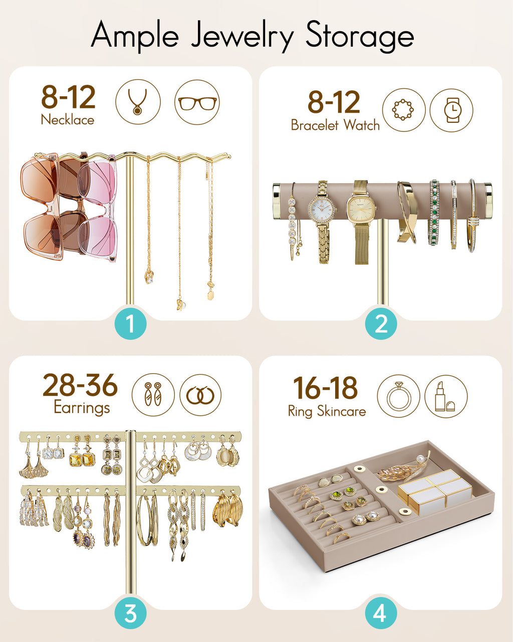 VLANDO 3-Tier Wave Jewelry Organizer Stand with Necklace Hooks, Earring Rack & Bracelet Bar