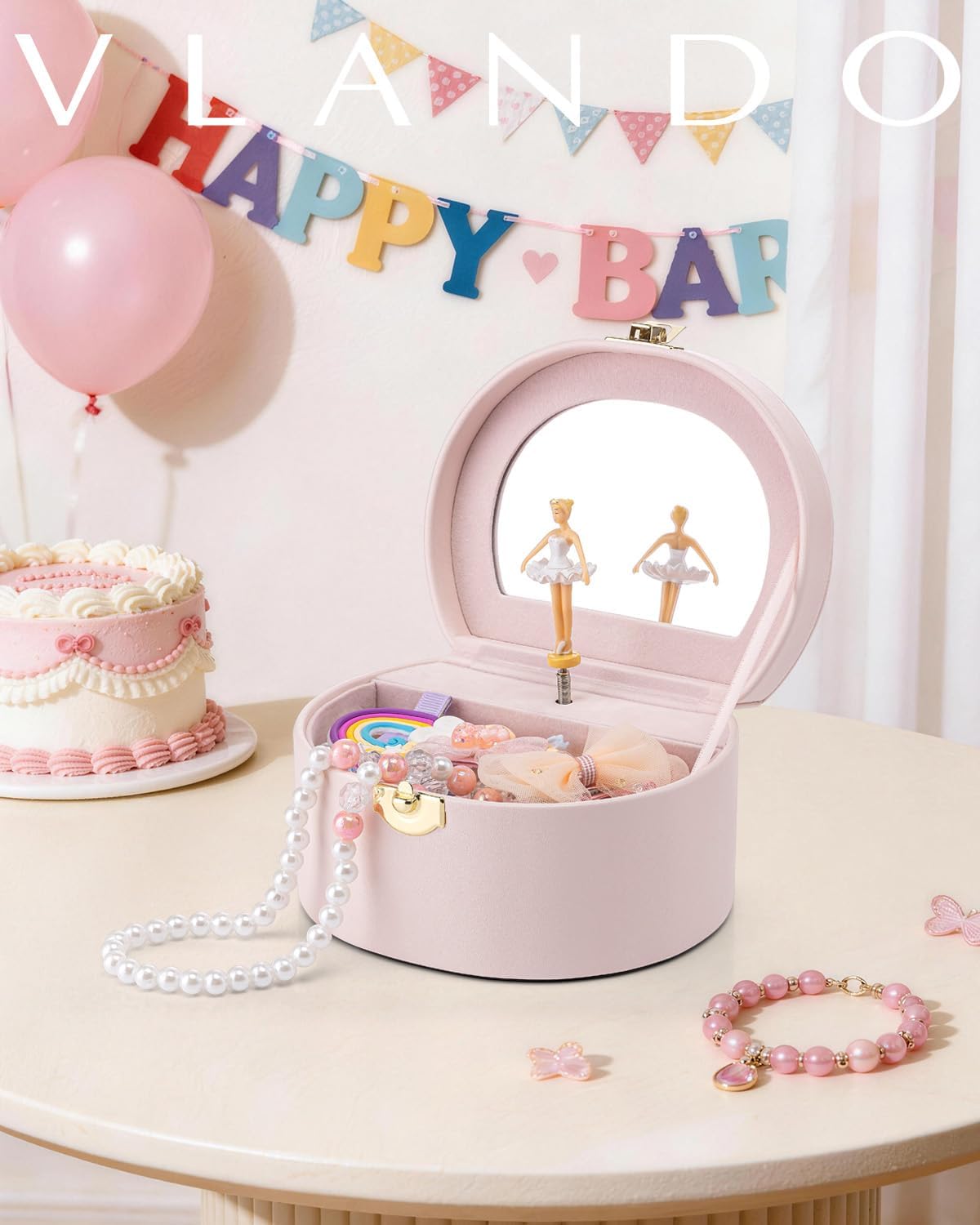 VLANDO Semicircular Musical Box Musical Jewelry Box for Girls – Spinning Ballerina, Lockable Jewelry Case & Mirror