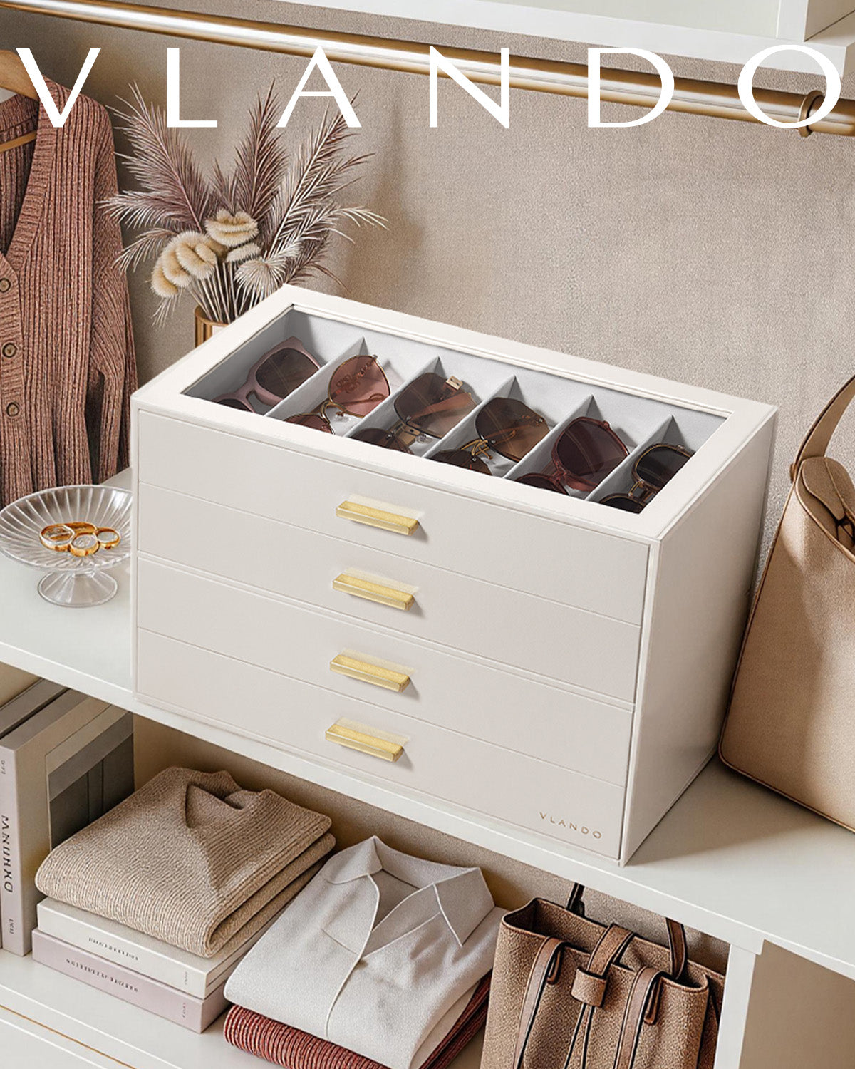 VLANDO Glasses Case 4-Layer, 24-Slot Sunglasses Organizer Casewith Clear Lid & 4 Drawers