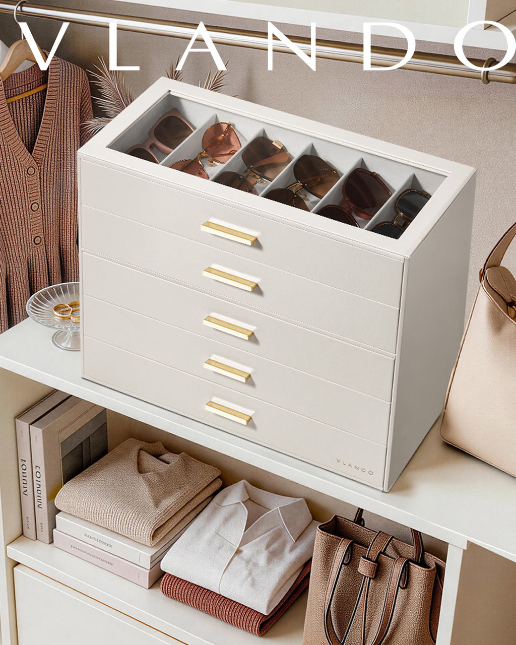 VLANDO Glasses Case 5-Layer, 30-Slot Sunglasses Organizer CasewithClear Lid & 5 Drawers