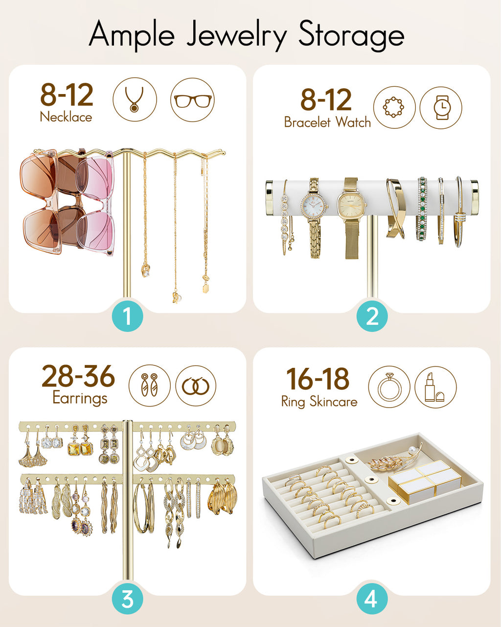 VLANDO 3-Tier Wave Jewelry Organizer Stand with Necklace Hooks, Earring Rack & Bracelet Bar