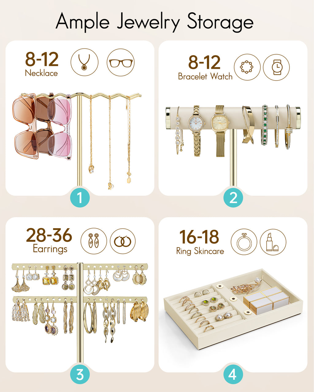 VLANDO 3-Tier Wave Jewelry Organizer Stand with Necklace Hooks, Earring Rack & Bracelet Bar