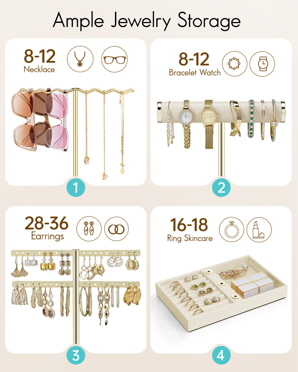 VLANDO 3-Tier Wave Jewelry Organizer Stand with Necklace Hooks, Earring Rack & Bracelet Bar