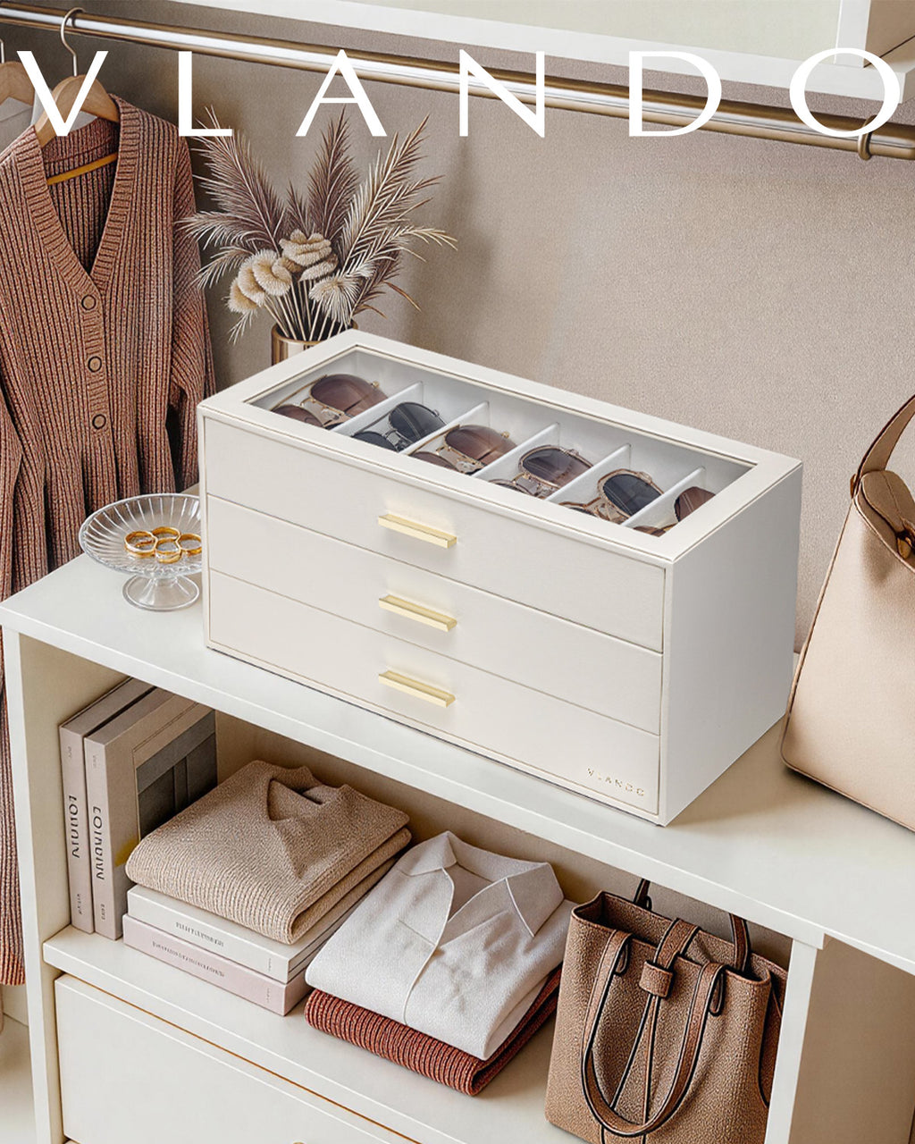 VLANDO Glasses Case 3‑Layer, 18‑Slot Sunglasses Organizer Case with Clear Lid & 3 Drawers
