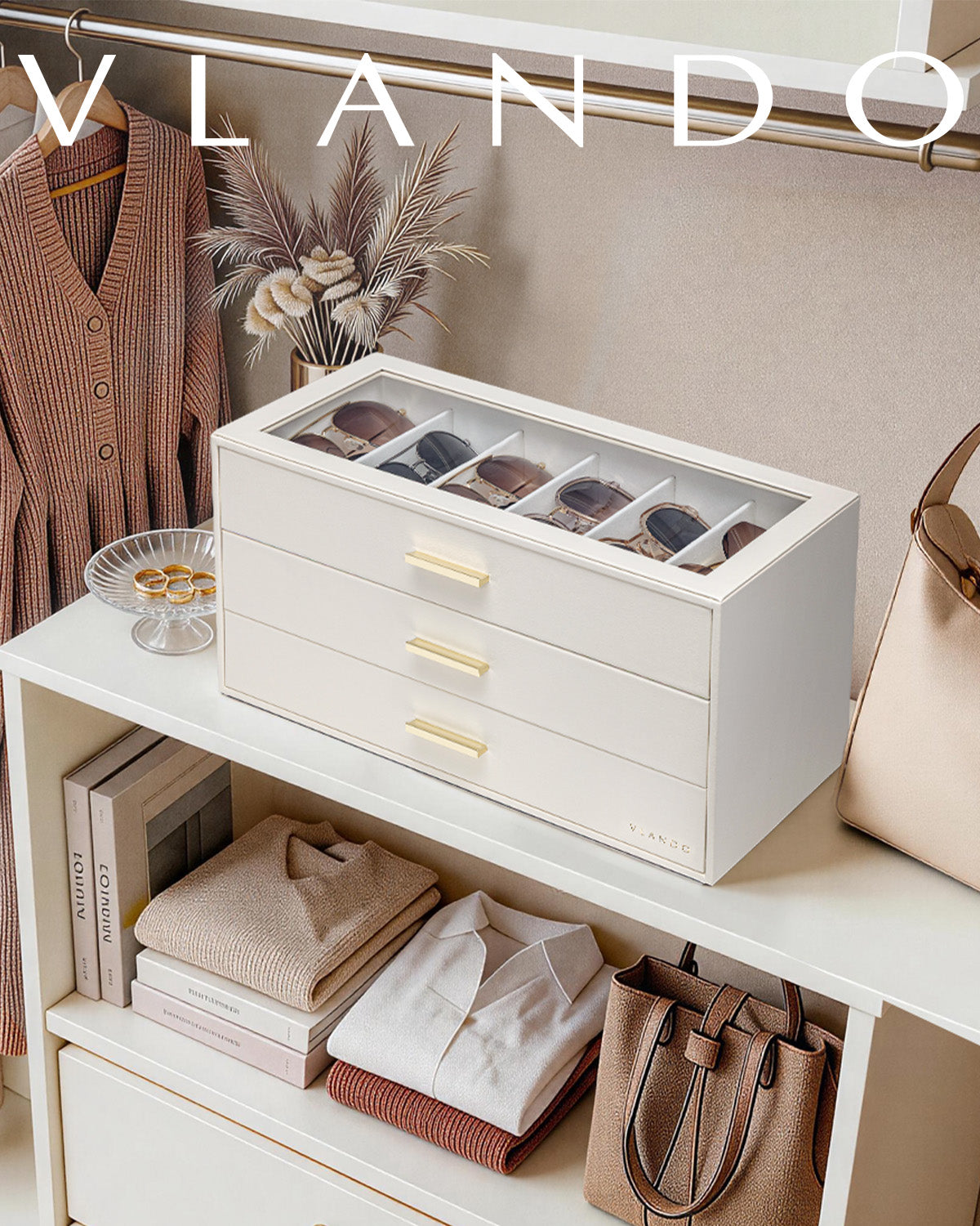 VLANDO Glasses Case 3‑Layer, 18‑Slot Sunglasses Organizer Case with Clear Lid & 3 Drawers